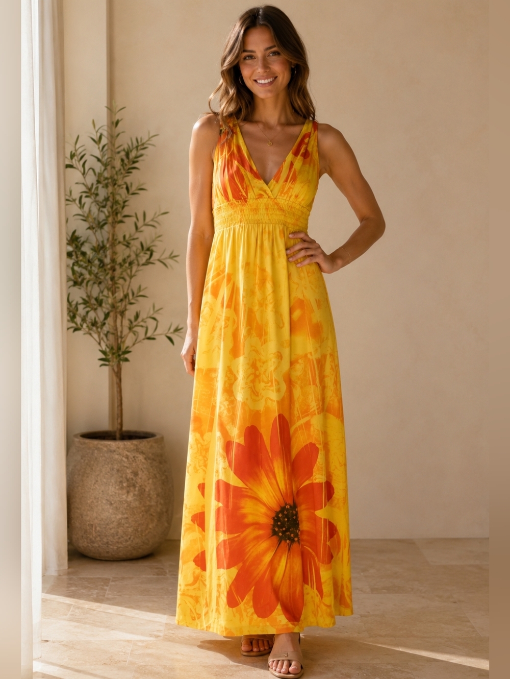 Fresh of LA Sunflower Smocked V-Neck Maxi Dress